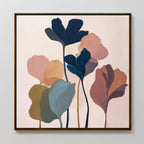 The Autumn Garden Canvas Art - Square features tall, overlapping leaves in muted blue, pink, orange, and green on a beige background—a minimalist abstract print ideal for adding modern botanical style to your living room walls.