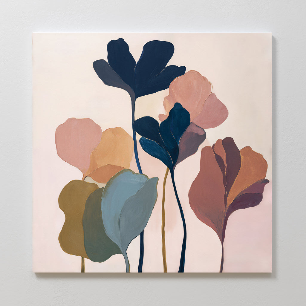Elevate your modern living room with the Autumn Garden Canvas Art - Square, a minimalist painting featuring abstract, overlapping leaves in muted blue, pink, brown, and peach tones against a soft background. Perfect botanical wall decor.