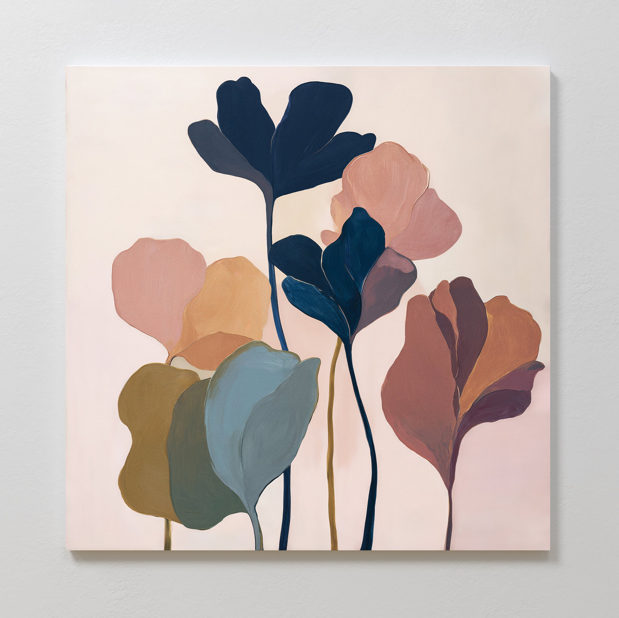 Elevate your modern living room with the Autumn Garden Canvas Art - Square, a minimalist painting featuring abstract, overlapping leaves in muted blue, pink, brown, and peach tones against a soft background. Perfect botanical wall decor.