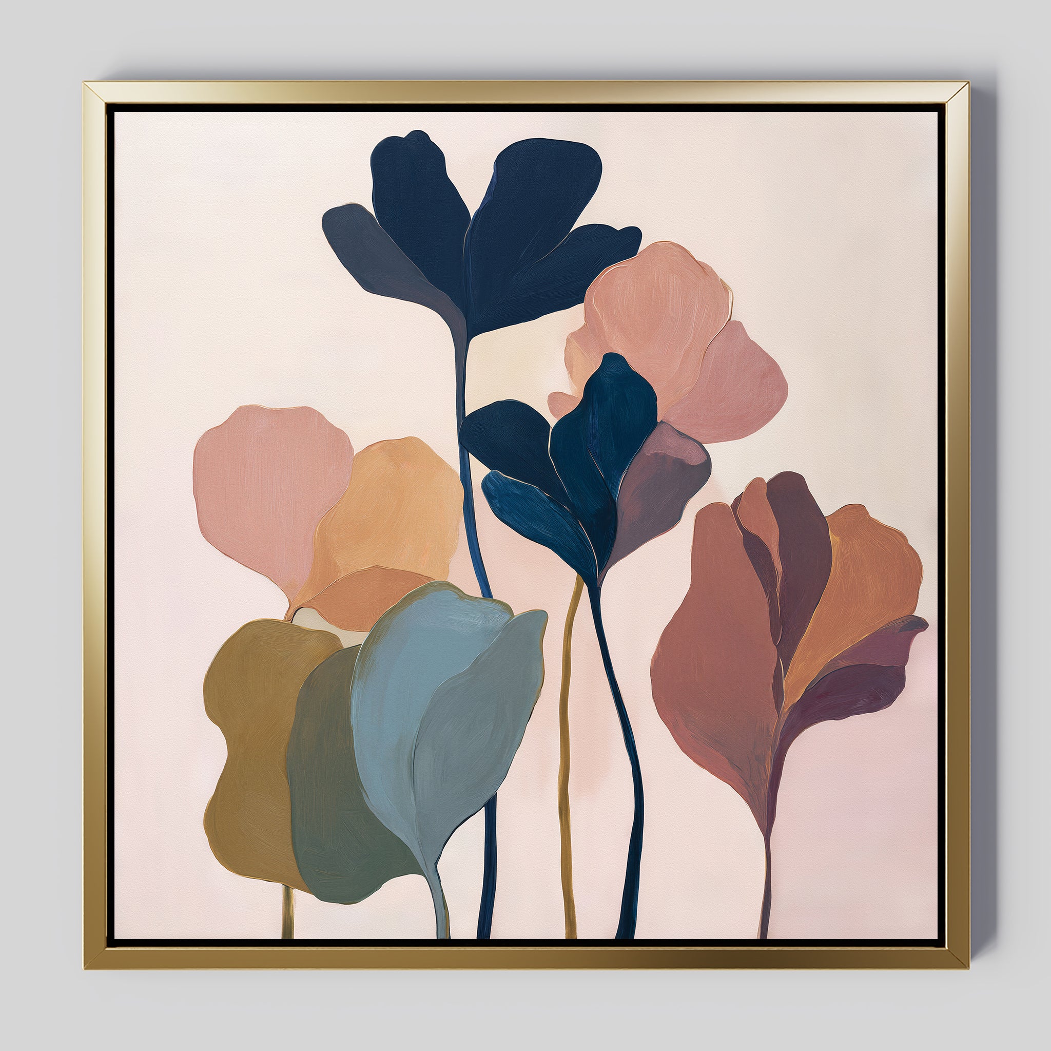 The Autumn Garden Canvas Art - Square features a leaf design in a gold frame, bringing sophisticated botanical style to any modern living room decor.