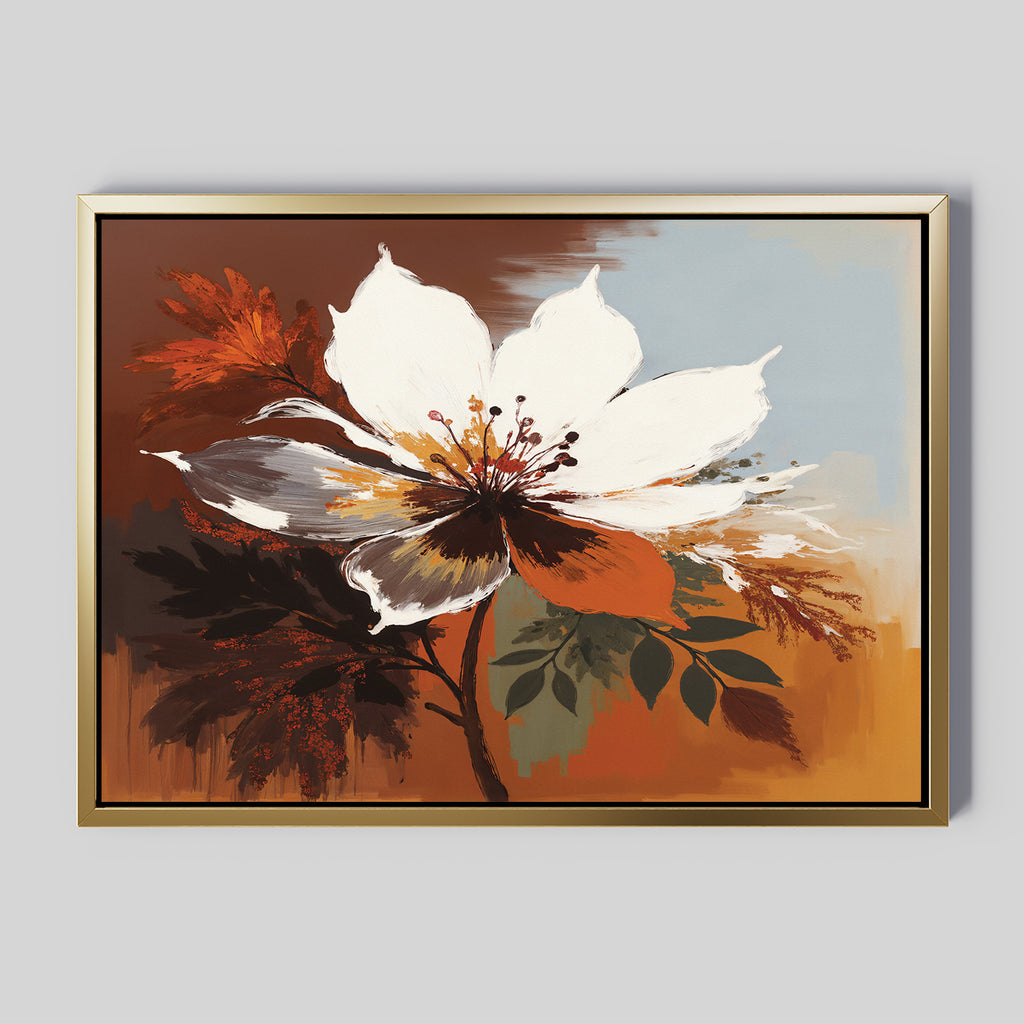Autumn Radiance Canvas Art - Horizontal features a striking white flower with brown, orange, and green leaves on warm earthy tones and blue-gray shades—perfect autumn wall decor for any space.