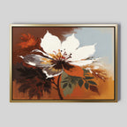 Autumn Radiance Canvas Art - Horizontal features a striking white flower with brown, orange, and green leaves on warm earthy tones and blue-gray shades—perfect autumn wall decor for any space.
