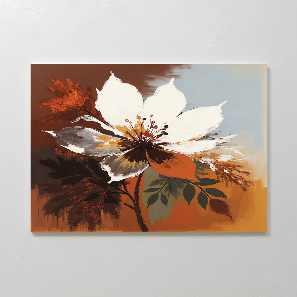 The Autumn Radiance Canvas Art - Horizontal features a bold abstract white flower with orange and brown accents on a soft blue and warm brown background, making it perfect autumn wall art inspired by Nordic Park elegance.