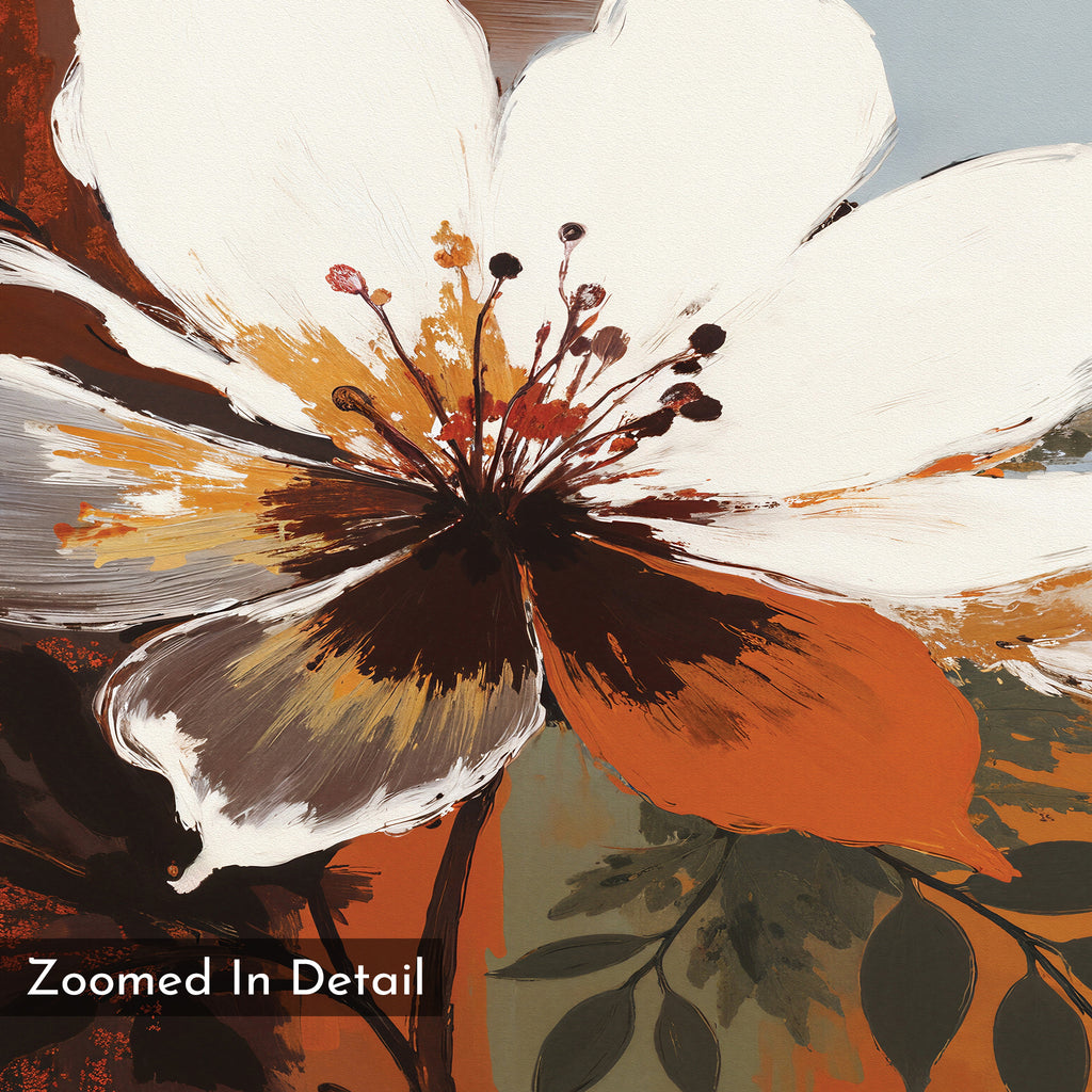 A close-up painting of a white and orange flower with bold brushstrokes, dark brown center, and green leaves—Autumn Radiance Canvas Art - Horizontal. "Zoomed In Detail" appears in the lower left corner.