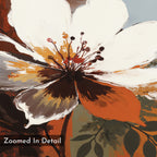 A close-up painting of a white and orange flower with bold brushstrokes, dark brown center, and green leaves—Autumn Radiance Canvas Art - Horizontal. "Zoomed In Detail" appears in the lower left corner.