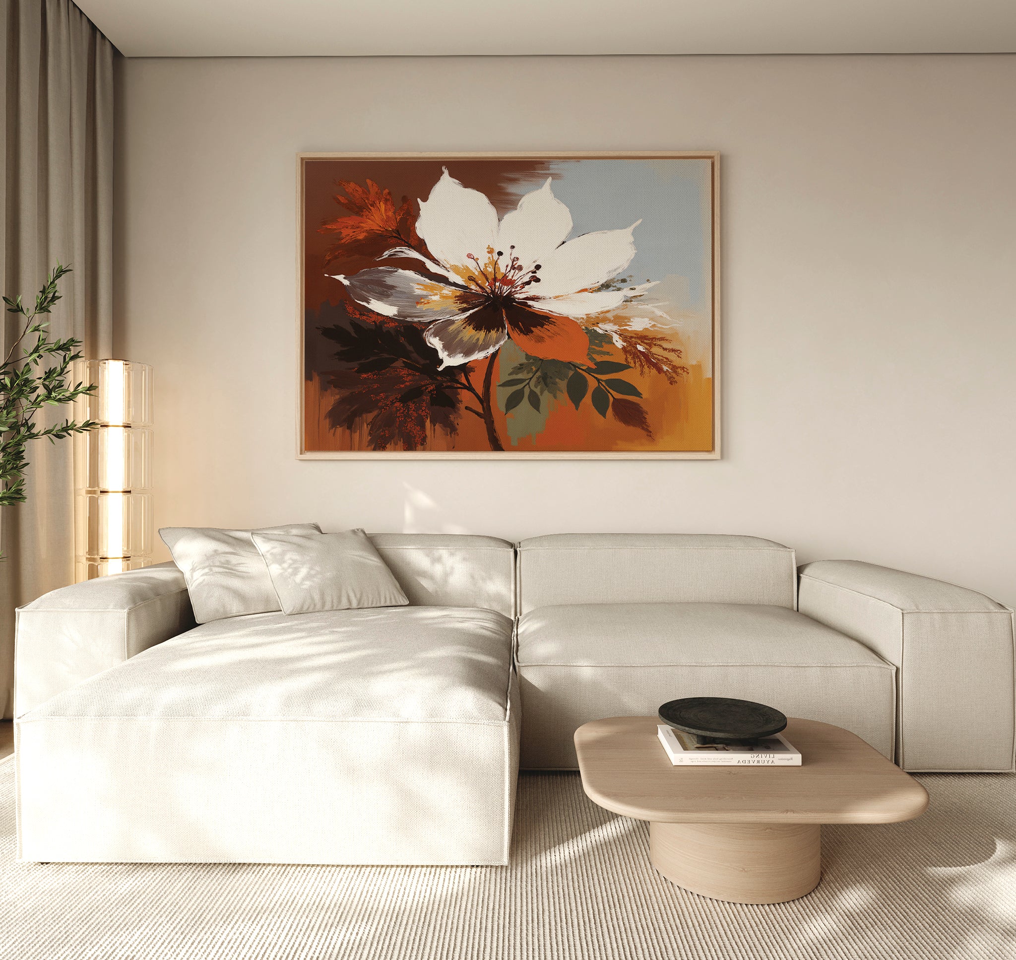 A modern living room features a cream sectional, light wood coffee table, and the Autumn Radiance Canvas Art - Horizontal in warm tones on the wall. Soft natural light through beige curtains highlights the minimalist decor.