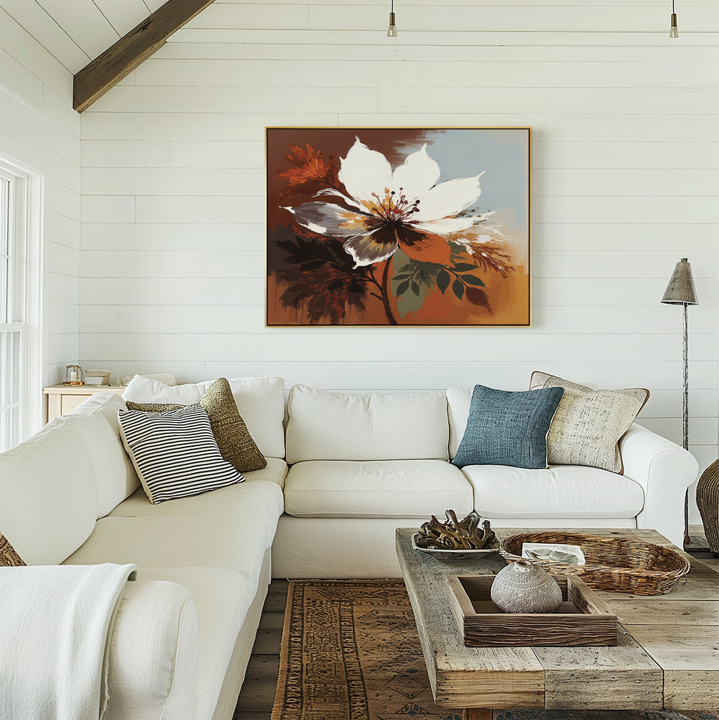 A bright, airy living room with white shiplap walls, a white sectional, rustic wood coffee table, and the Autumn Radiance Canvas Art - Horizontal in earthy tones as bold autumn wall art above the couch.
