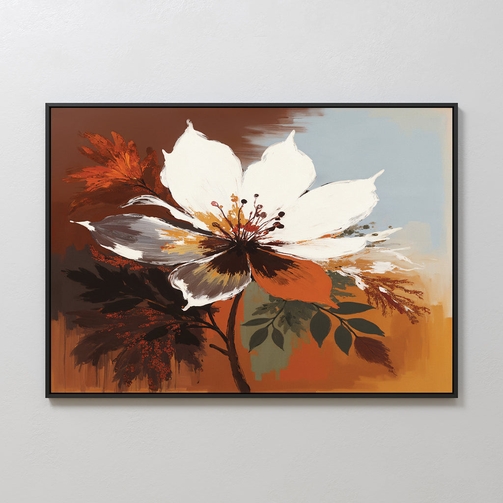 The Autumn Radiance Canvas Art - Horizontal displays a bold white flower with brown, orange, and black accents on a Nordic Park-inspired background in brown, orange, and blue tones, framed and hung on a light wall.