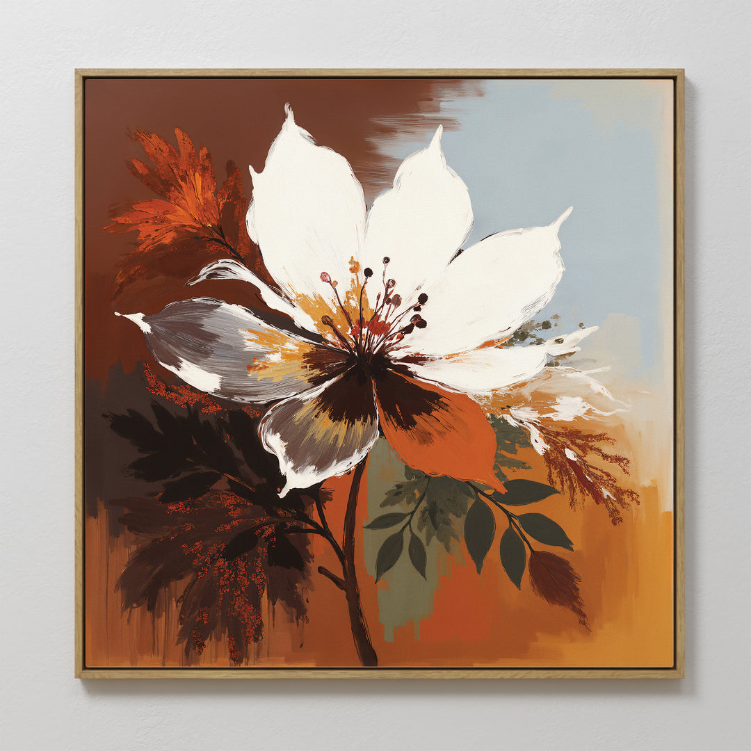 The Autumn Radiance Canvas Art - Square features a bold floral design with a large white flower, brown, orange, and green leaves on an abstract warm earth-toned background—perfect for autumn décor.