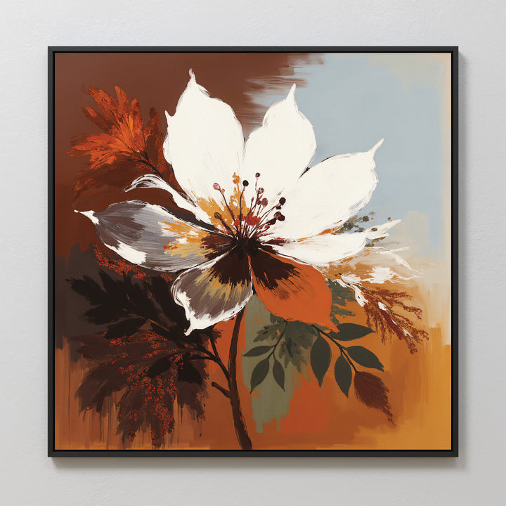 The Autumn Radiance Canvas Art - Square features a bold white flower with brown and orange accents, surrounded by abstract leaves and brushstrokes in earthy tones of orange, brown, black, and light blue.