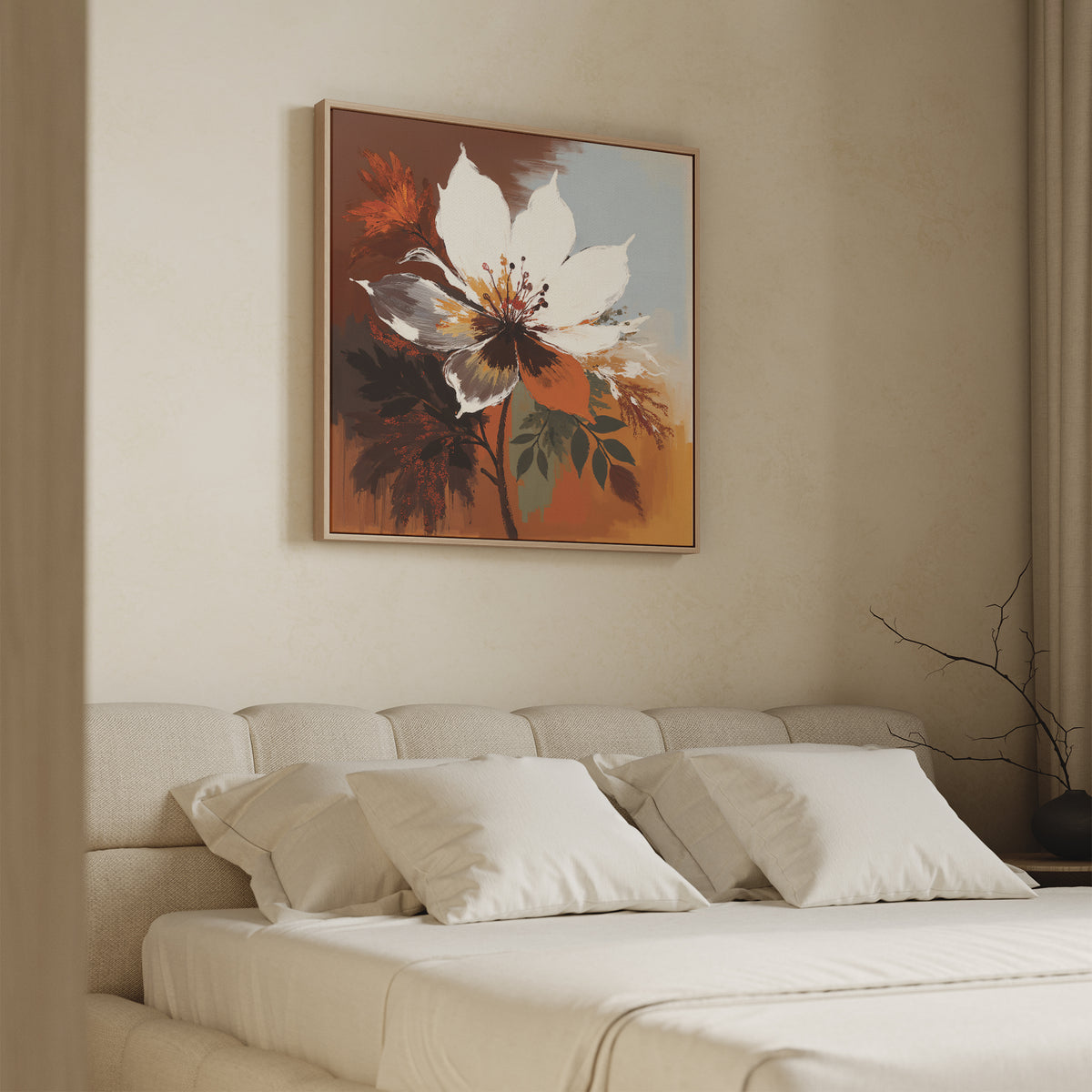 A cozy beige bedroom with a soft bed, white pillows, and the Autumn Radiance Canvas Art - Square featuring bold florals above the headboard, adds warmth and charm to this Nordic Park-inspired space.