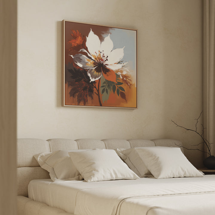 A cozy beige bedroom with a soft bed, white pillows, and the Autumn Radiance Canvas Art - Square featuring bold florals above the headboard, adds warmth and charm to this Nordic Park-inspired space.