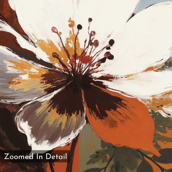 A close-up of the Autumn Radiance Canvas Art - Square reveals vibrant white, orange, brown, and yellow brushstrokes with dark stamens at the center. "Zoomed In Detail" appears in the bottom left corner of this striking floral artwork.