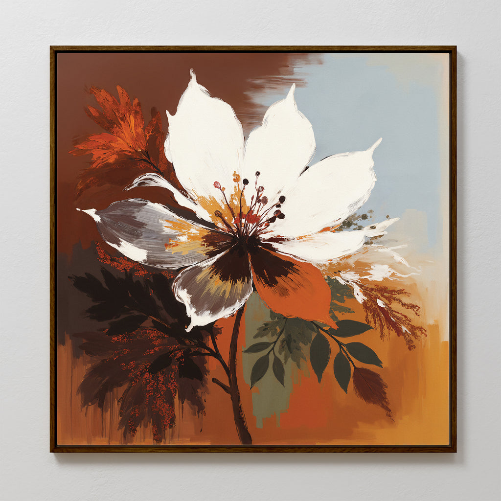 The Autumn Radiance Canvas Art - Square features a bold white flower with brown, orange, and green leaves on a warm-toned background with hints of blue—ideal for adding Nordic Park-inspired style to your space.