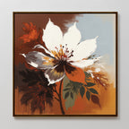 The Autumn Radiance Canvas Art - Square features a bold white flower with brown, orange, and green leaves on a warm-toned background with hints of blue—ideal for adding Nordic Park-inspired style to your space.