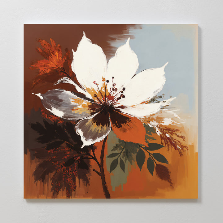 Autumn Radiance Canvas Art - Square features a bold white flower with brown and orange accents, surrounded by abstract leaves and earthy brushstrokes—an ideal autumn print to brighten any light wall.