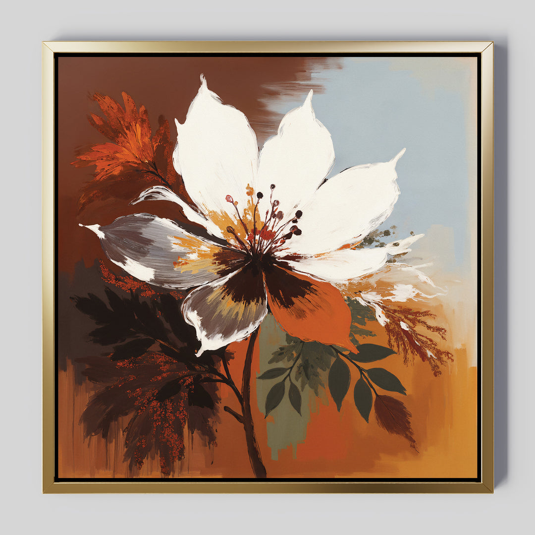 The Autumn Radiance Canvas Art - Square features a large white flower with brown, orange, and green leaves on an abstract autumn background, showcasing bold brushstrokes and a modern floral composition in contemporary style.