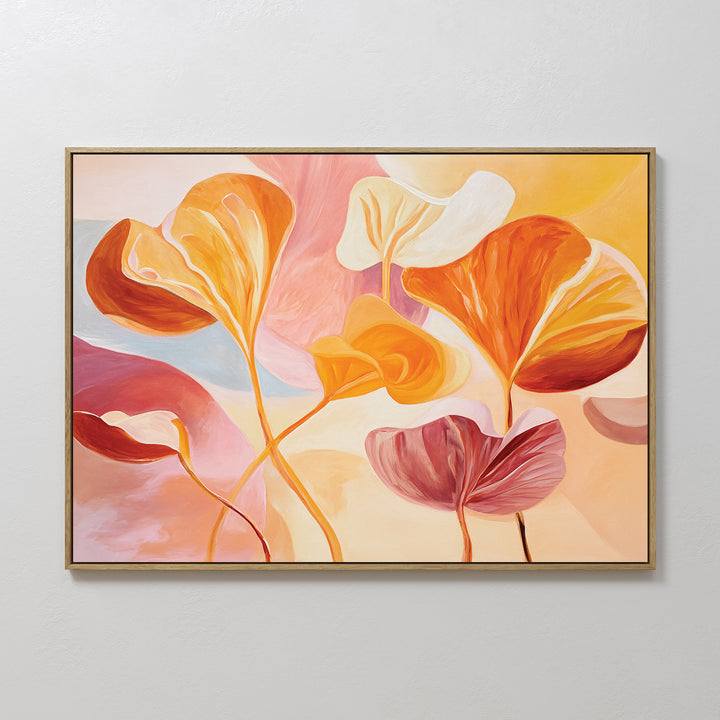 Autumn Reverie Canvas Art - Horizontal showcases bold orange, yellow, pink, and mauve leaves on a soft backdrop. This framed botanical piece adds warmth and elegance to any room, making a stunning statement against white walls.