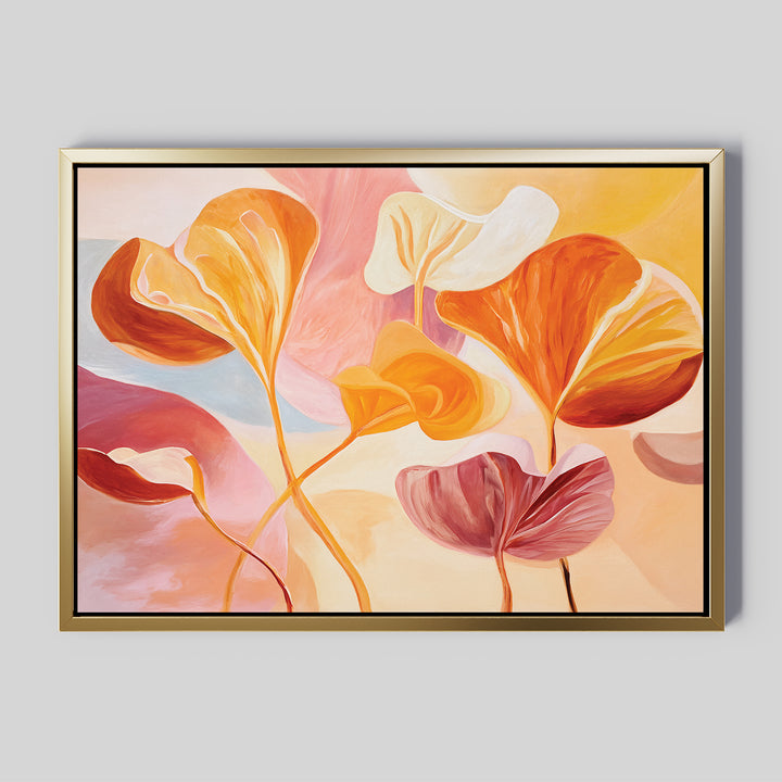 Add botanical charm to your space with the Autumn Reverie Canvas Art - Horizontal, featuring large flowing leaves in warm orange, yellow, pink, and cream on a soft pastel background—beautiful framed autumn decor.