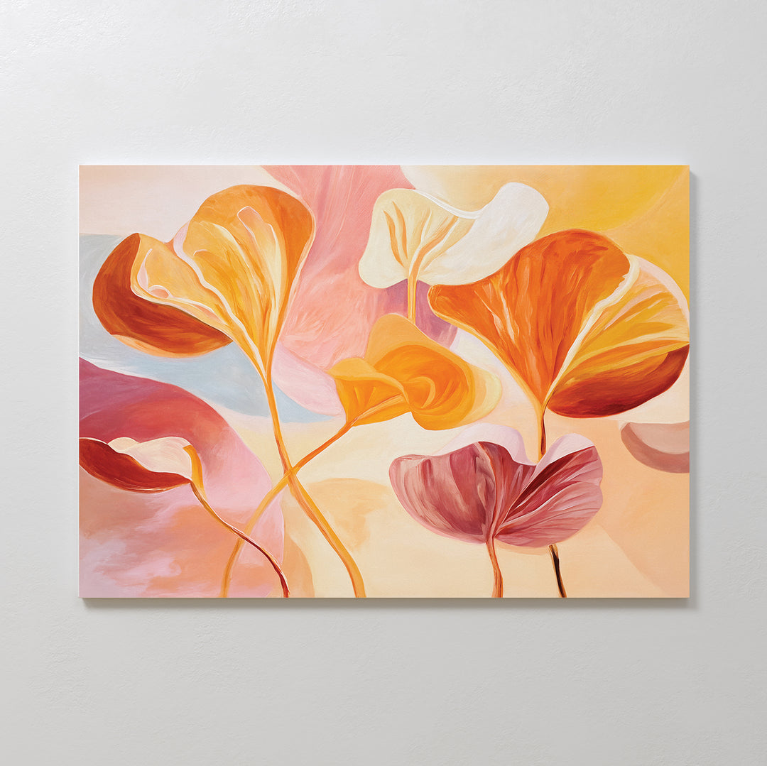 Bring a dreamy, organic touch to your space with Autumn Reverie Canvas Art - Horizontal, featuring large flowing botanical leaves in warm orange and cream tones against a pastel background—perfect as autumn-inspired wall decor.