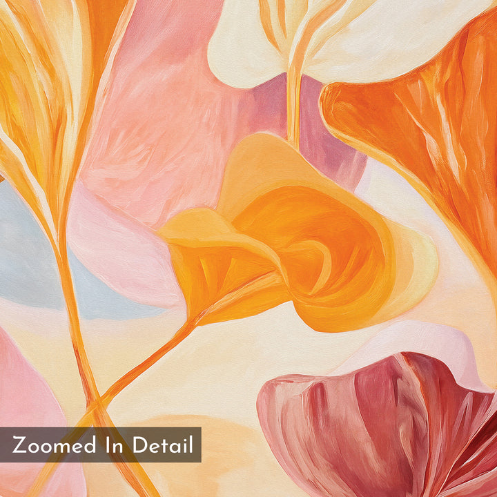 The Autumn Reverie Canvas Art - Horizontal features abstract, flowing shapes in vibrant orange, pink, and cream tones that resemble stylized leaves or petals, with a "Zoomed In Detail" label at the bottom left corner.
