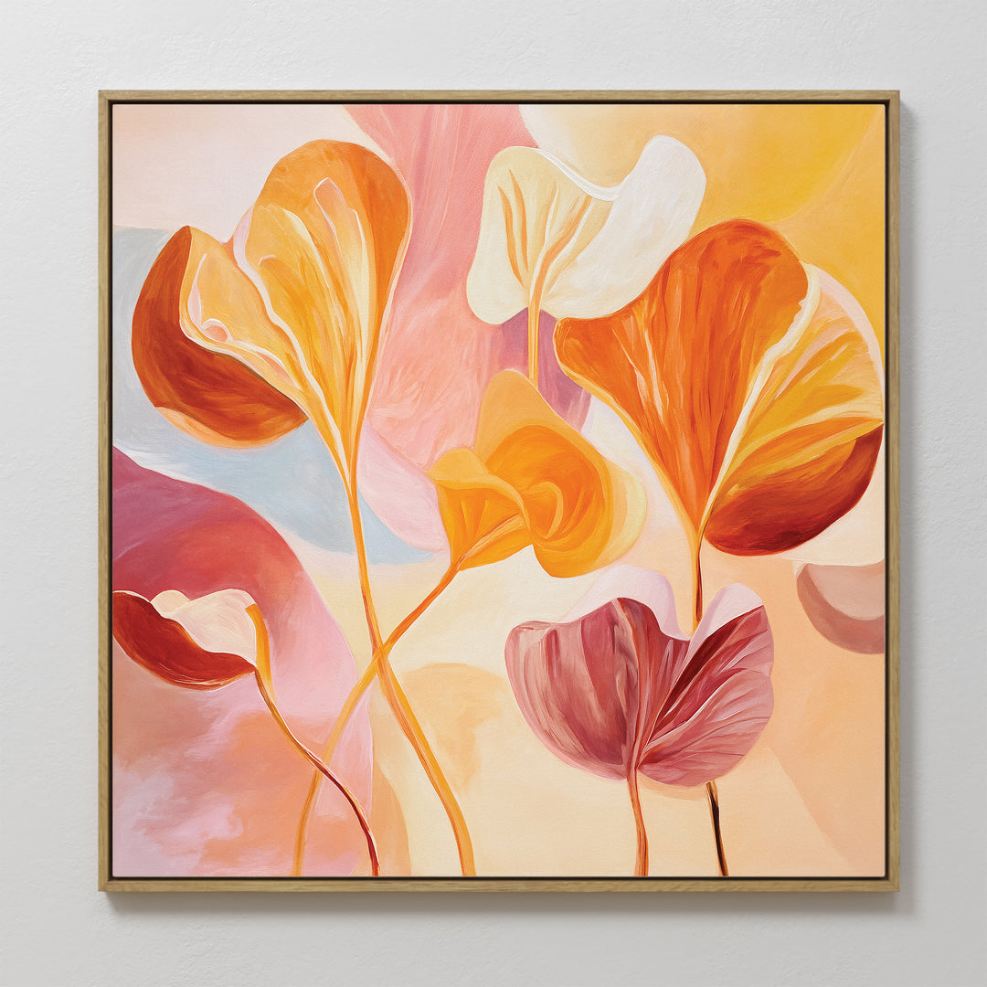 The Autumn Reverie Canvas Art - Square features abstract, stylized leaves in warm orange, yellow, and pink on a soft pastel background, bringing vibrant botanical energy and an uplifting mood to any space.