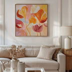 A modern living room with a beige sofa, neutral cushions, a side table with a white lamp, dried flowers in vases, and the Autumn Reverie Canvas Art - Square as striking botanical wall decor above the sofa.