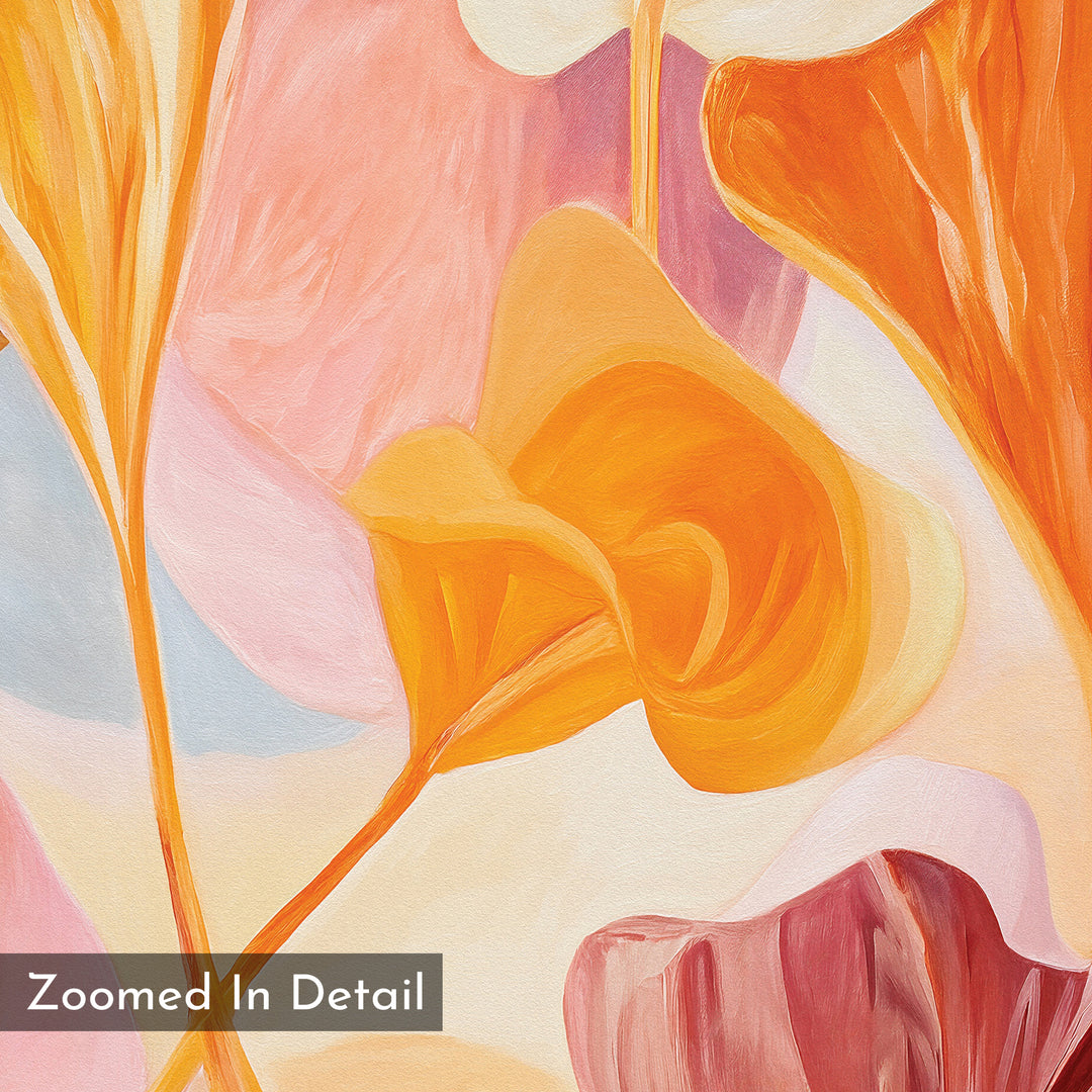 A close-up of the Autumn Reverie Canvas Art - Square reveals swirling shapes in warm orange, yellow, pink, and soft blue tones. Fluid brushstrokes evoke an abstract, autumnal design. "Zoomed In Detail" is labeled at the bottom left.