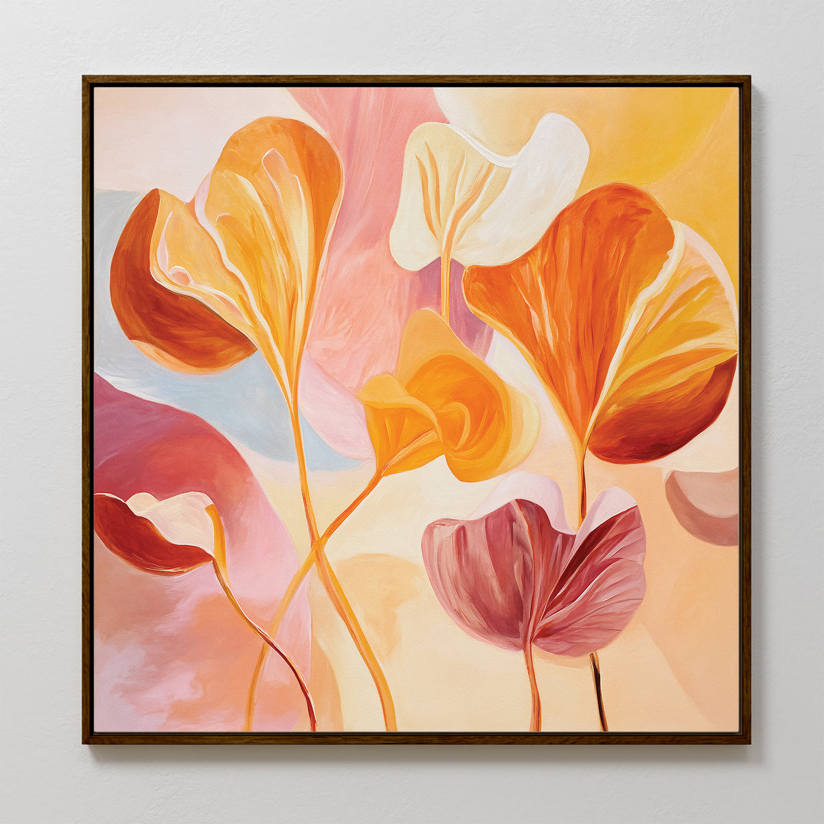 Autumn Reverie Canvas Art - Square features stylized orange, yellow, and pink leaves with soft shapes on a pastel background—perfect elegant fall decor to accent a white wall.