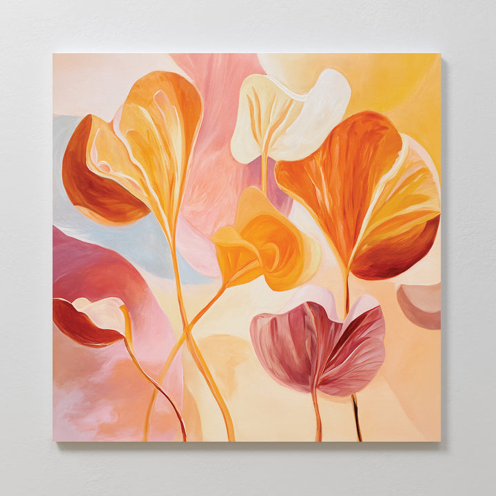 Autumn Reverie Canvas Art - Square features a vibrant abstract of large, flowing leaves in orange, yellow, and pink on a pastel gradient background—ideal as botanical wall art or a lively autumn-themed canvas for your space.