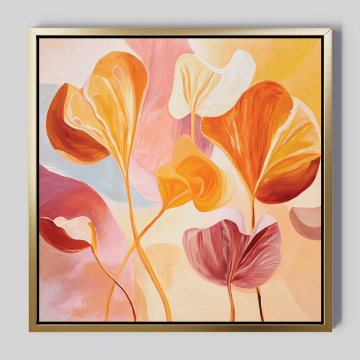 The Autumn Reverie Canvas Art - Square features abstract, flowing leaves in warm orange, yellow, pink, and cream on a pastel background, elegantly framed in simple gold—perfect botanical wall art for a cozy autumn touch.