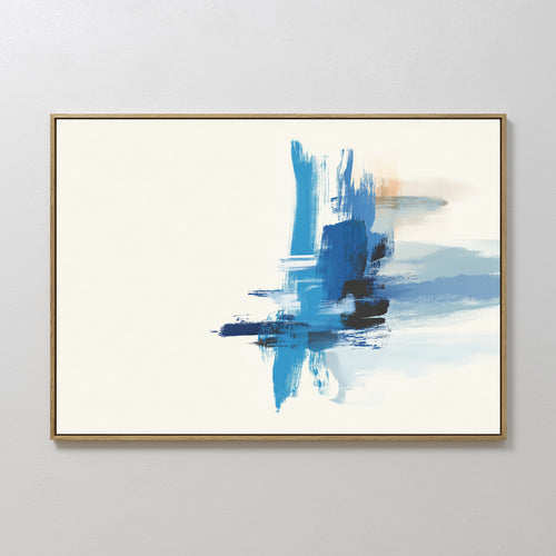 The "Azure Convergence Canvas Art - Horizontal" features bold blue brushstrokes with black and tan accents on white, presented in a slim gold frame, adding modern elegance to any light-colored wall.
