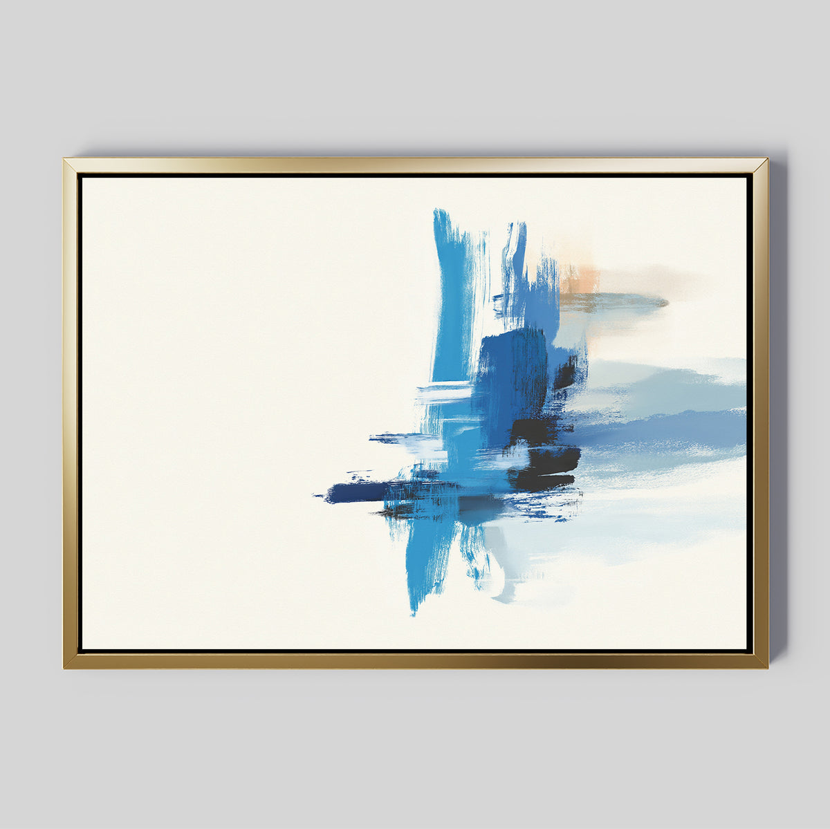 Azure Convergence Canvas Art - Horizontal features bold blue and light gray brushstrokes on a white background, set in a slim gold frame—ideal modern wall art for contemporary, refined spaces.
