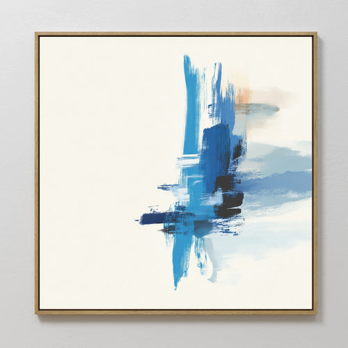The Azure Convergence Canvas Art - Square features bold blue, black, and beige brushstrokes on white, concentrated on the right. This framed modern abstract print adds a striking, contemporary touch to any space.