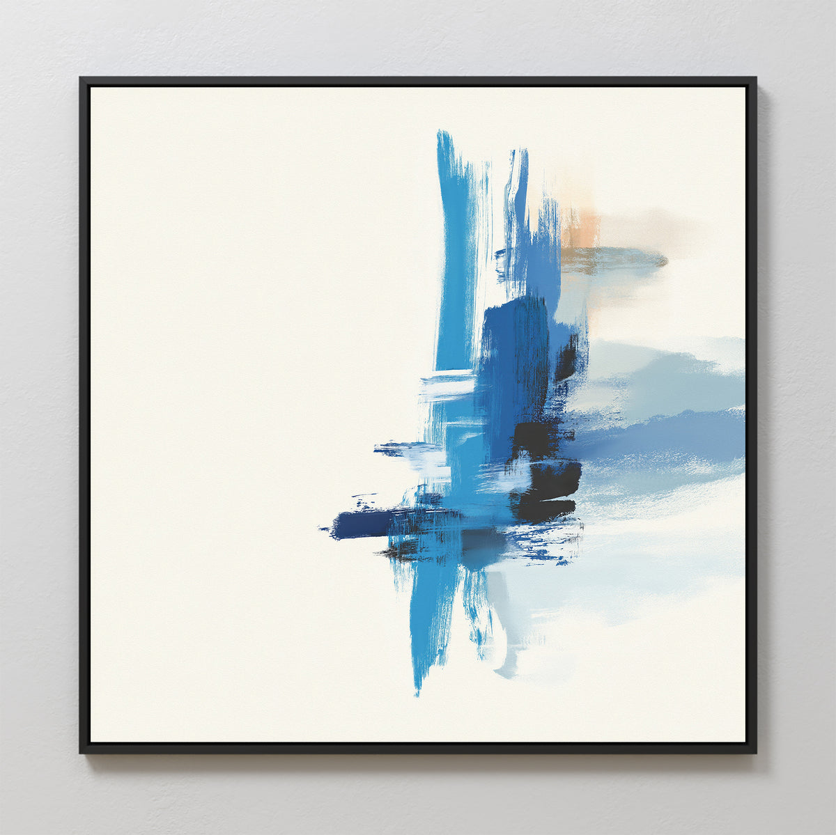 The Azure Convergence Canvas Art - Square features bold vertical blue brushstrokes with accents of black, tan, and light blue on white, all framed by a slim black border—an eye-catching modern piece for any light-colored wall.