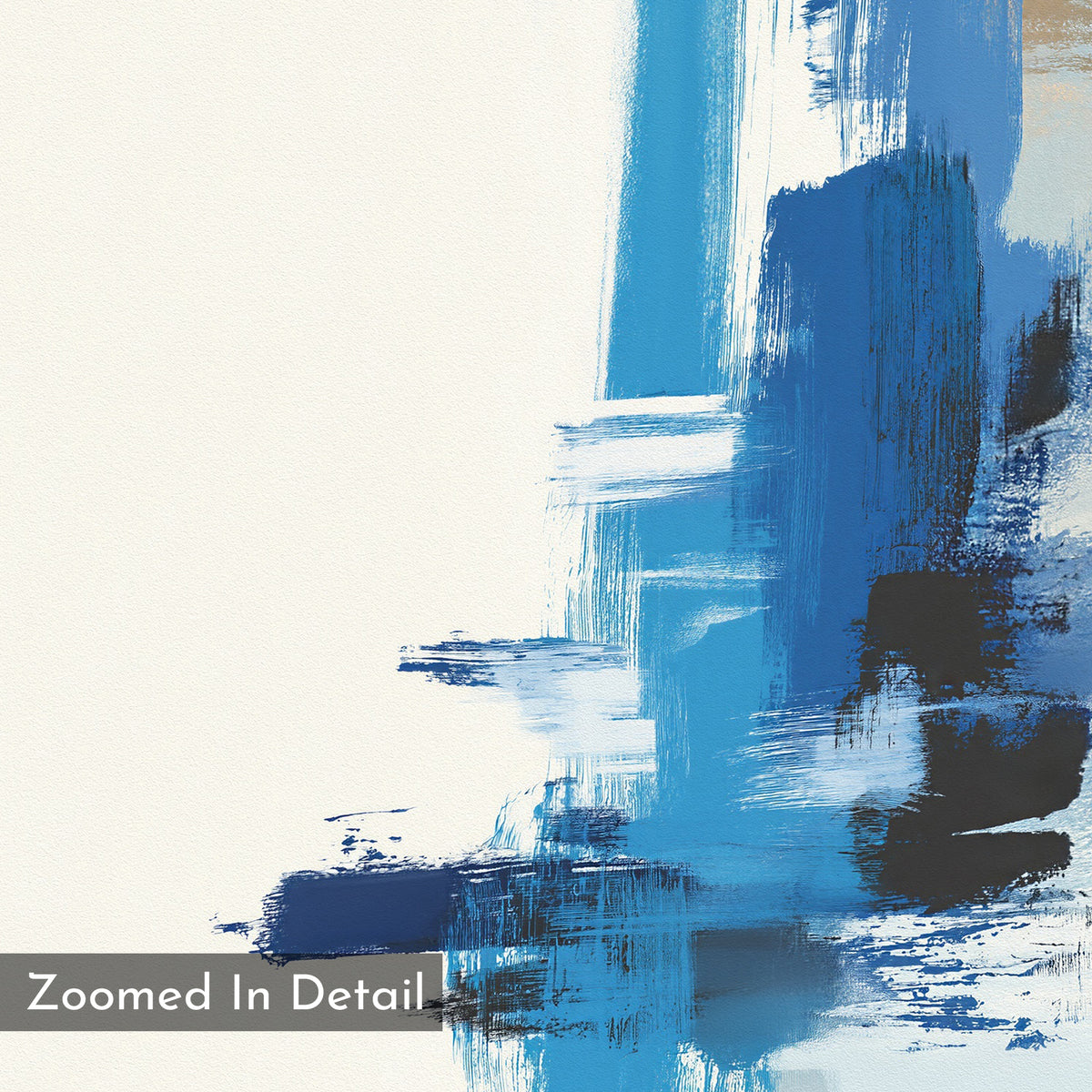 Azure Convergence Canvas Art - Square features bold blue, black, and white brushstrokes on a white background, with a "Zoomed In Detail" label in a gray box at the bottom left corner for modern visual interest.