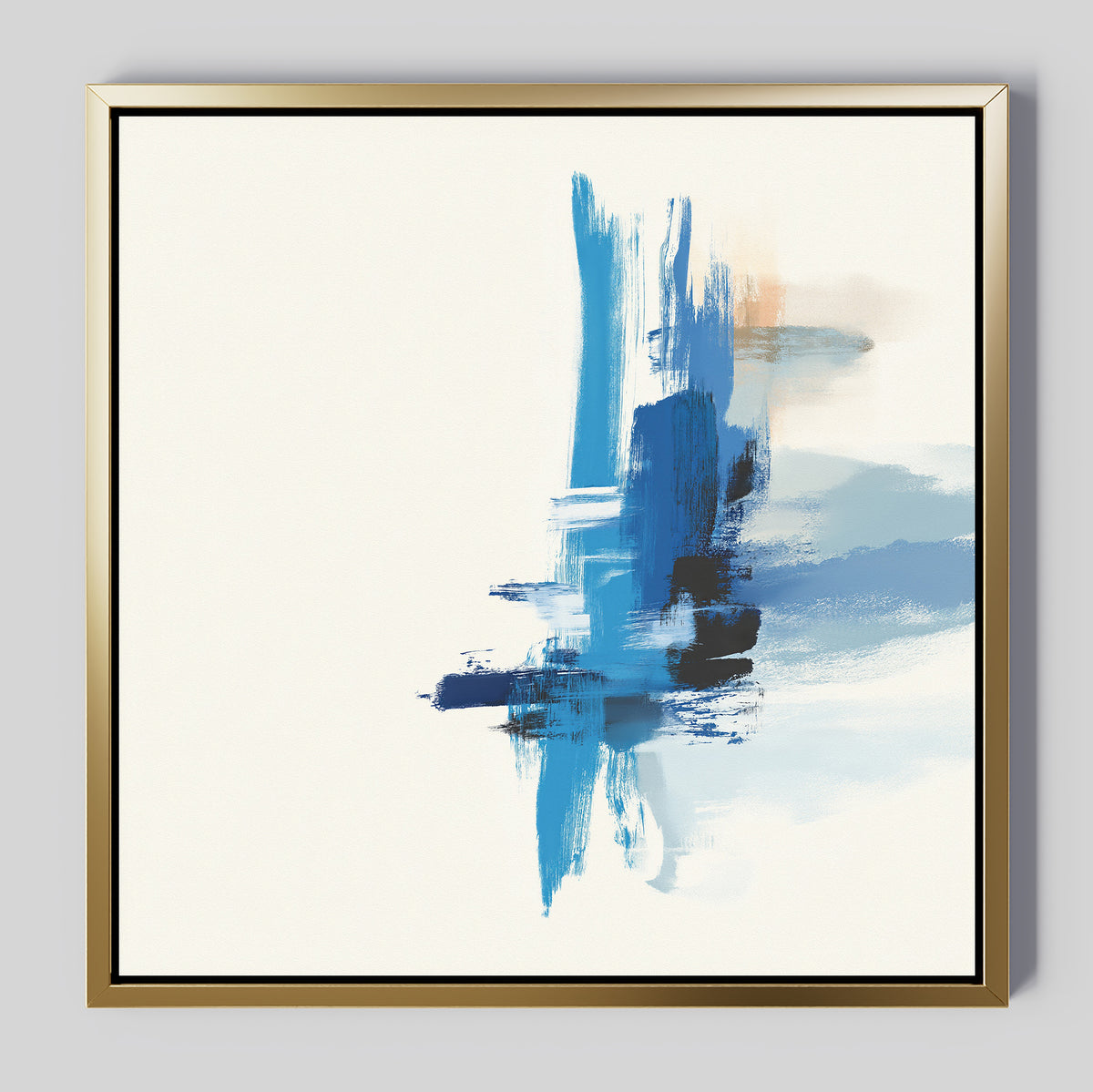 Azure Convergence Canvas Art - Square: Abstract painting with bold blue and black brushstrokes and hints of orange on white, in a gold frame. Its modern, right-focused vertical design suits contemporary spaces.