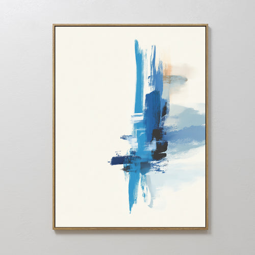 Azure Convergence Canvas Art - Vertical features bold blue vertical brushstrokes with black and light brown accents on white, set in a thin gold frame—perfect for adding modern style to any light-colored room.