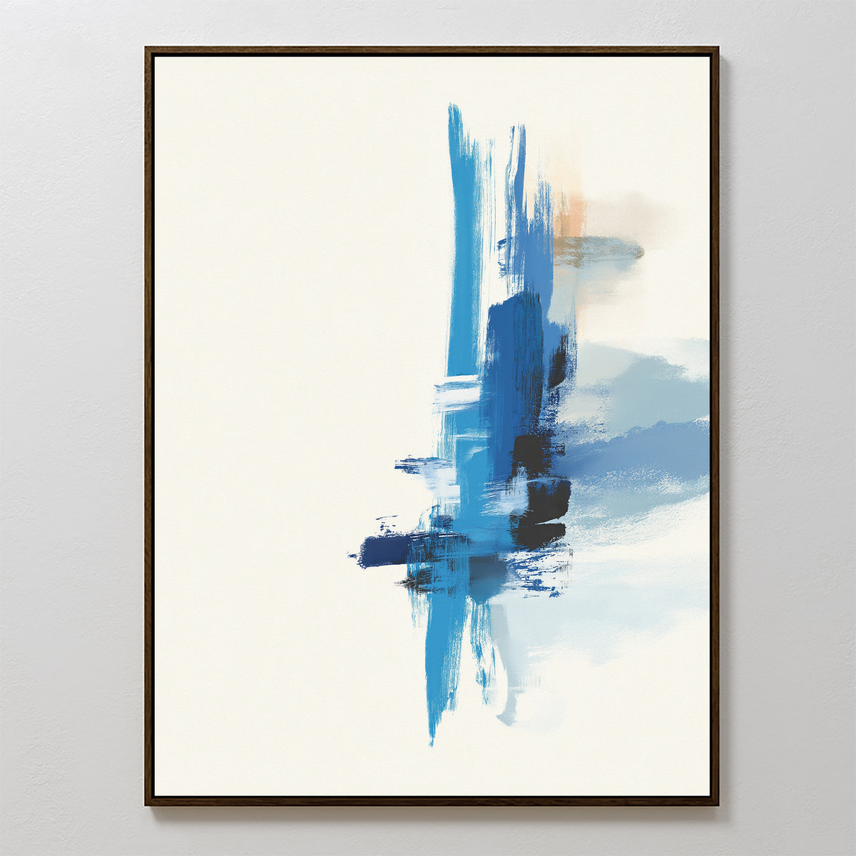 Azure Convergence Canvas Art - Vertical features blue vertical and horizontal brushstrokes with touches of black and beige on white. Its centered design and slim dark frame offer a modern, minimalist look for contemporary wall art.