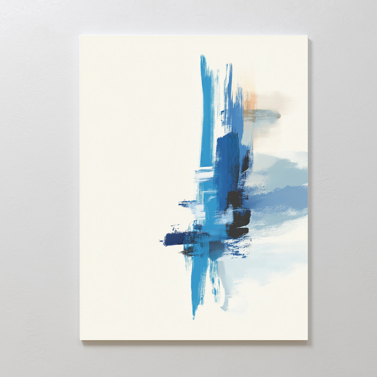 The Azure Convergence Canvas Art - Vertical features bold blue and navy brushstrokes with beige accents on a white canvas, creating a contemporary abstract print perfect for modern wall decor.