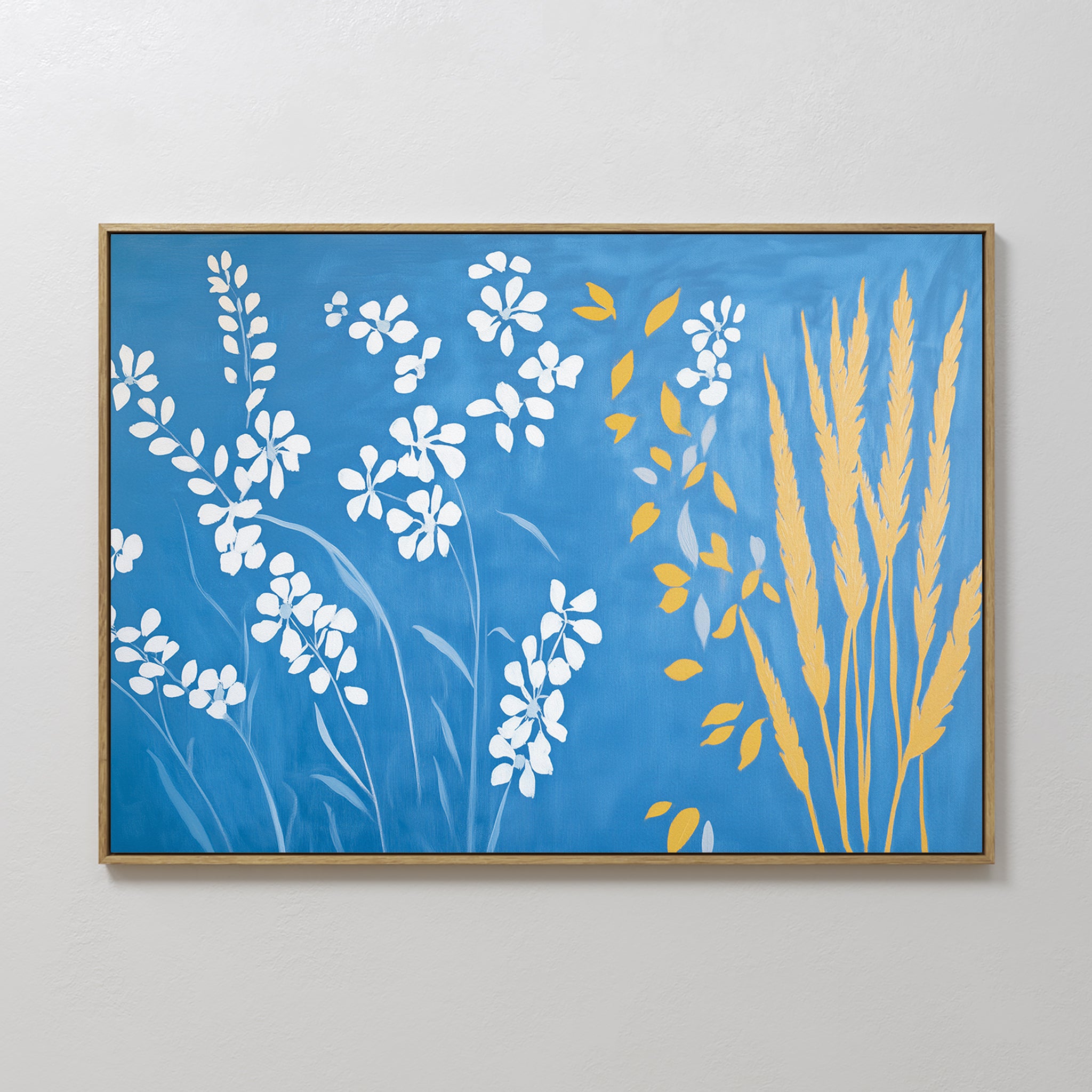 The Azure Meadow Canvas Art - Horizontal features white flowers and yellow wheat-like plants on a blue background, offering modern, minimalist botanical wall art for any room.