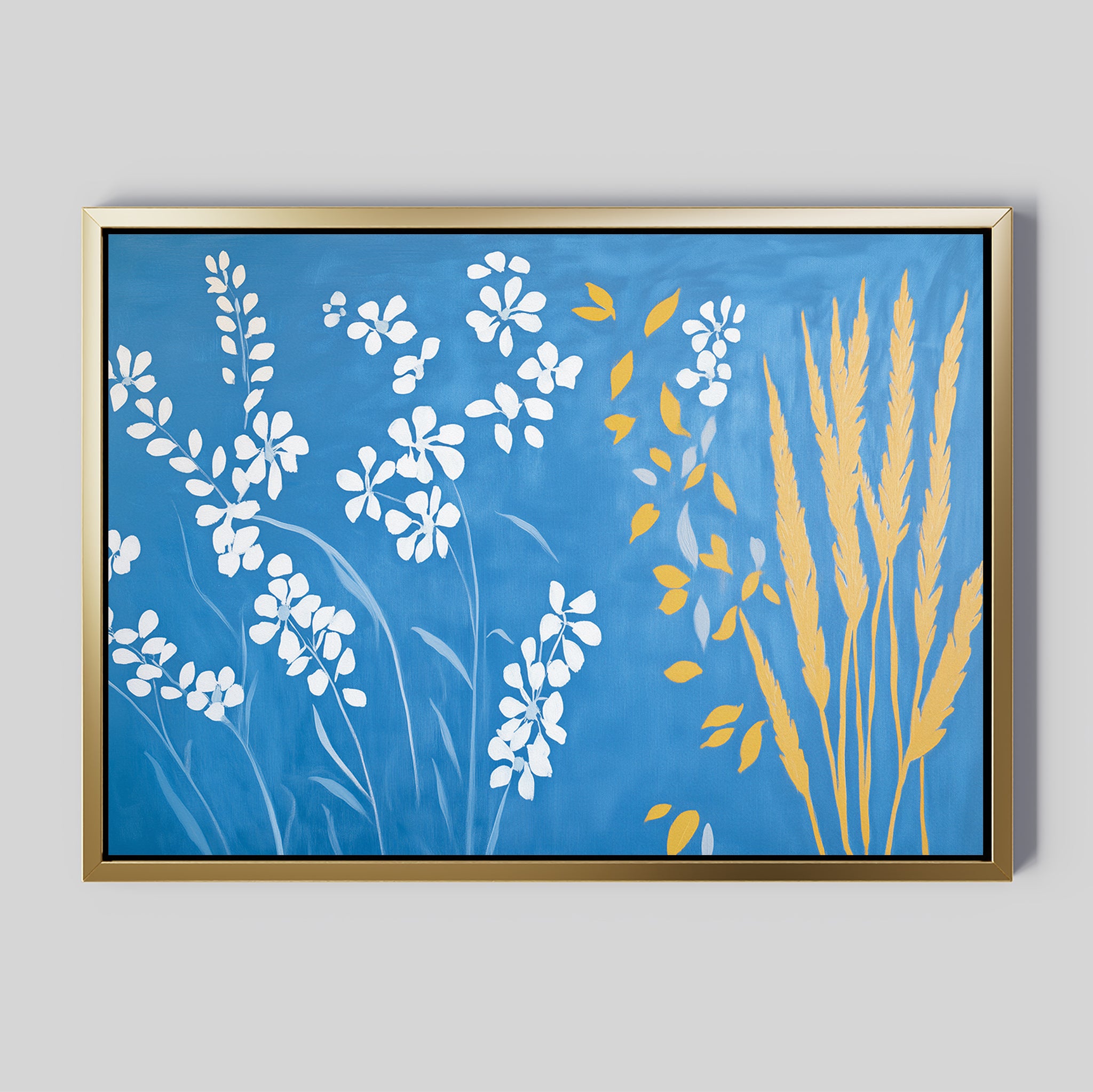 The Azure Meadow Canvas Art - Horizontal showcases white flowers and yellow wheat-like plants on a blue background, all elegantly bordered by a gold frame.