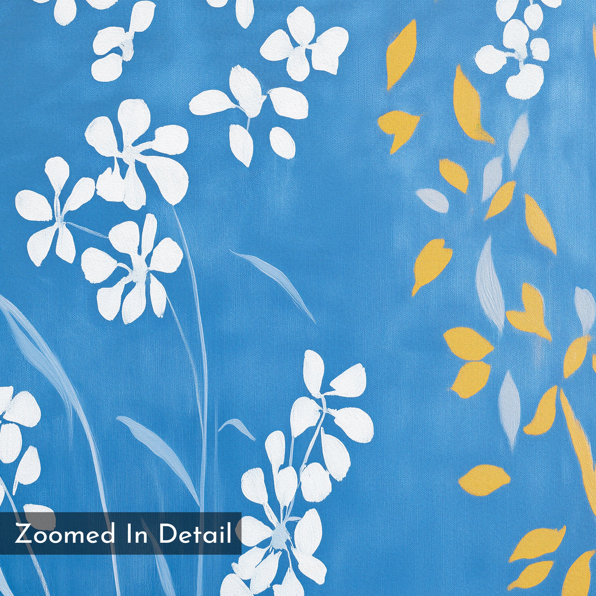 Close-up of the Azure Meadow Canvas Art - Horizontal, showing a blue surface with white flowers on the left and yellow and gray leaves on the right. “Zoomed In Detail” appears at the bottom left corner.