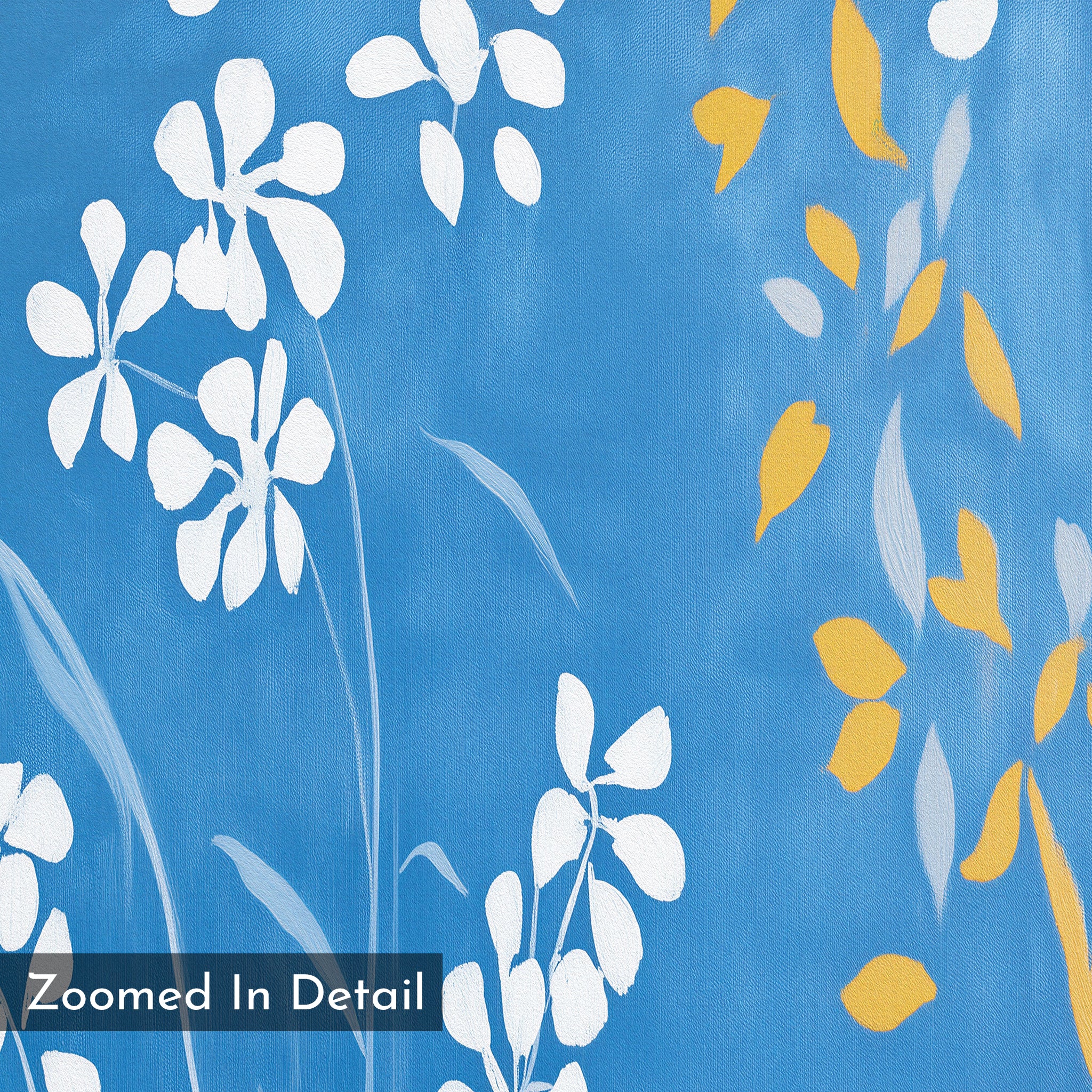 A close-up of a blue background with white floral silhouettes, plus yellow and gray abstract leaves. The Azure Meadow Canvas Art - Square is perfect botanical wall art; the corner text reads "Zoomed In Detail.