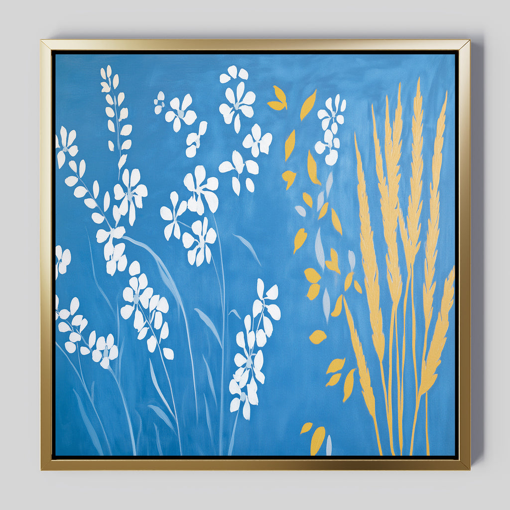 The Azure Meadow Canvas Art - Square showcases white flowers and yellow wheat-like plants with scattered yellow leaves on an azure blue background in a modern, minimalist botanical style.
