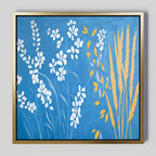 The Azure Meadow Canvas Art - Square showcases white flowers and yellow wheat-like plants with scattered yellow leaves on an azure blue background in a modern, minimalist botanical style.