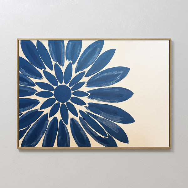 The Azure Radiance Canvas Art - Horizontal features bold blue petals radiating from a central circle on an off-white background, making it perfect for contemporary bedrooms or modern living room decor.