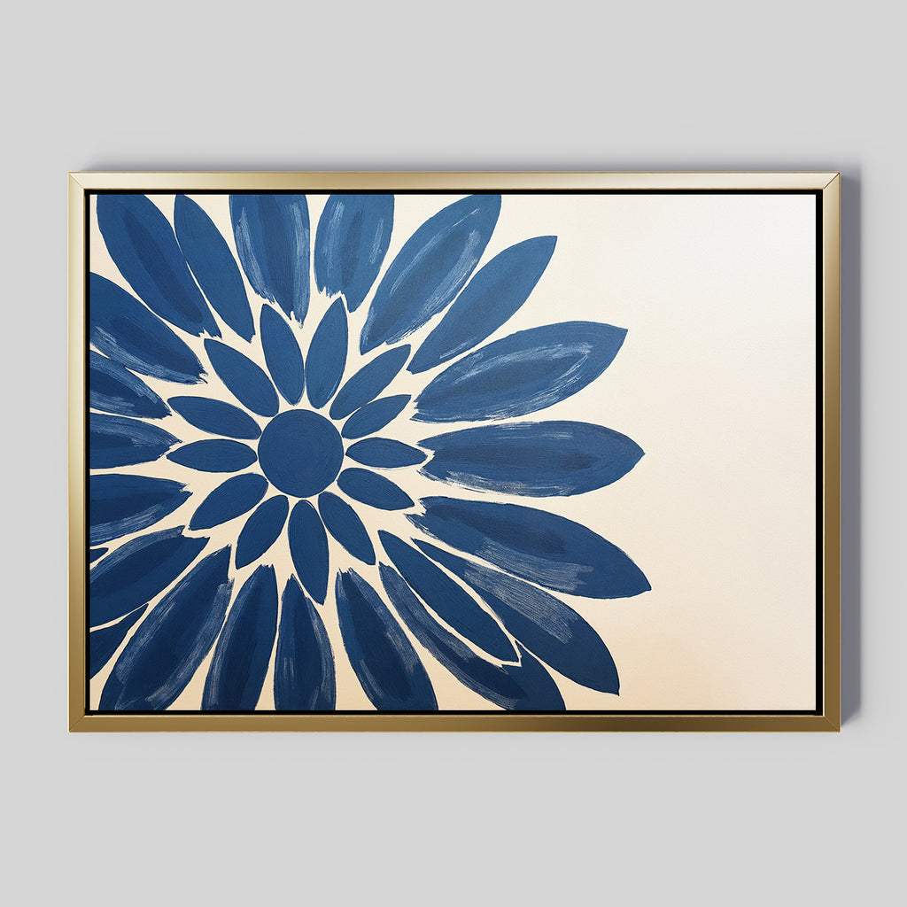 Azure Radiance Canvas Art - Horizontal showcases a large, abstract blue flower with bold brushstrokes on beige, perfect for modern living rooms and stunning against a light gray wall.