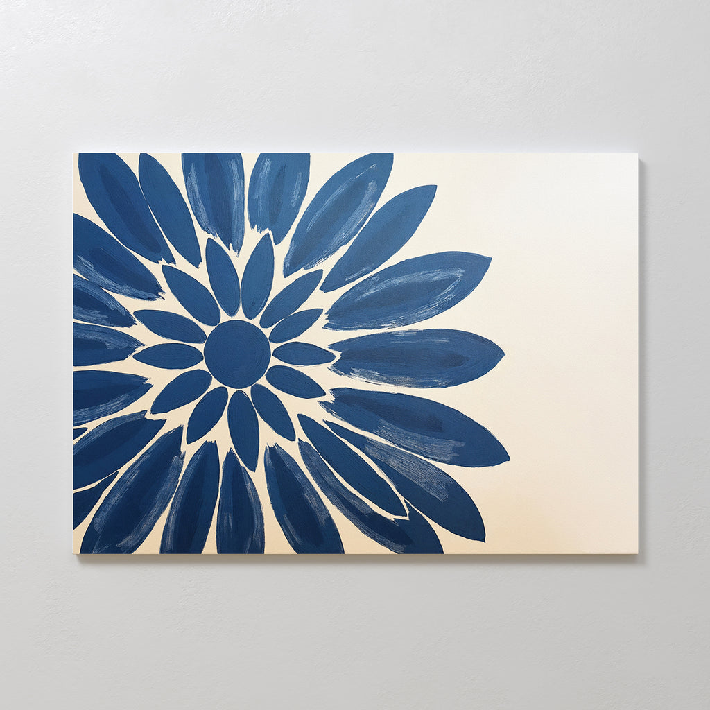 The Azure Radiance Canvas Art - Horizontal showcases an abstract blue flower with bold petals on a light beige background, making it a perfect floral canvas print to enhance your modern living room decor. The vivid design radiates from the left side of the canvas.