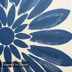 Close-up of Azure Radiance Canvas Art - Horizontal: blue abstract flower design on a light background, with bold brushstrokes forming large petals around a circular center. "Zoomed In Detail" appears in the bottom left—ideal for contemporary bedrooms.